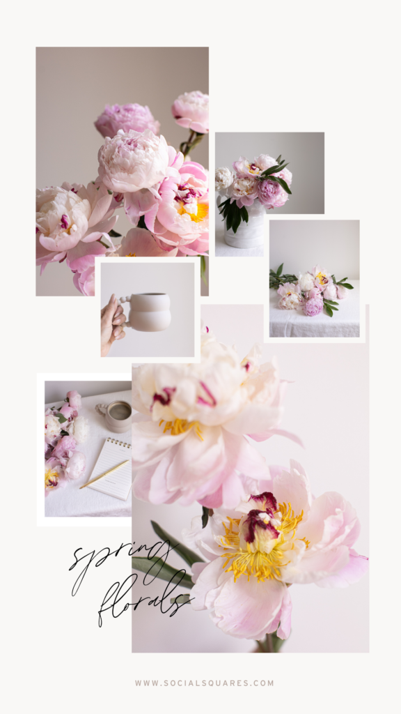 soft pink peony floral images presented in a mood board form with layered imagery